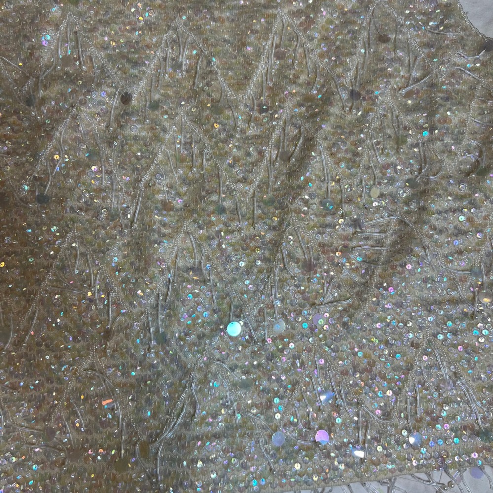 Vintage 60s Wool Sequin Beaded Shell Top Iridescent Cream Sleeveless Hong Kong S - Picture 3 of 10